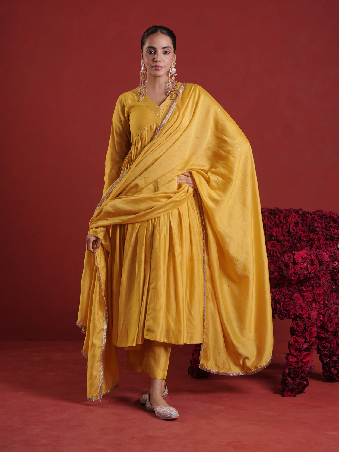 Amber Mustard Sequin Embellished Chanderi Kurta Set with Dupatta