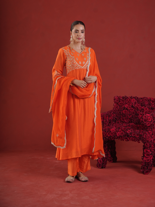 Orange Chanderi Zari & Sequin Embroidered Kurta Pant Set with Organza Dupatta