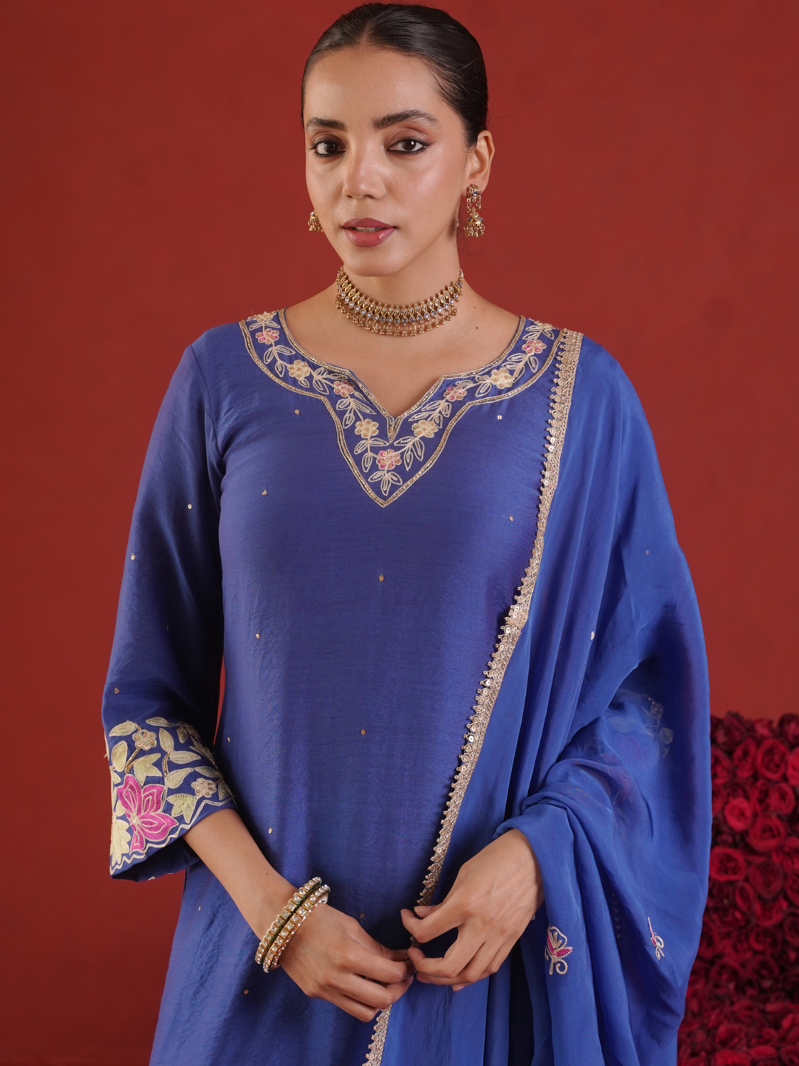 Royal Blue Chanderi Embroidered Kurta Pant Set with Organza Dupatta