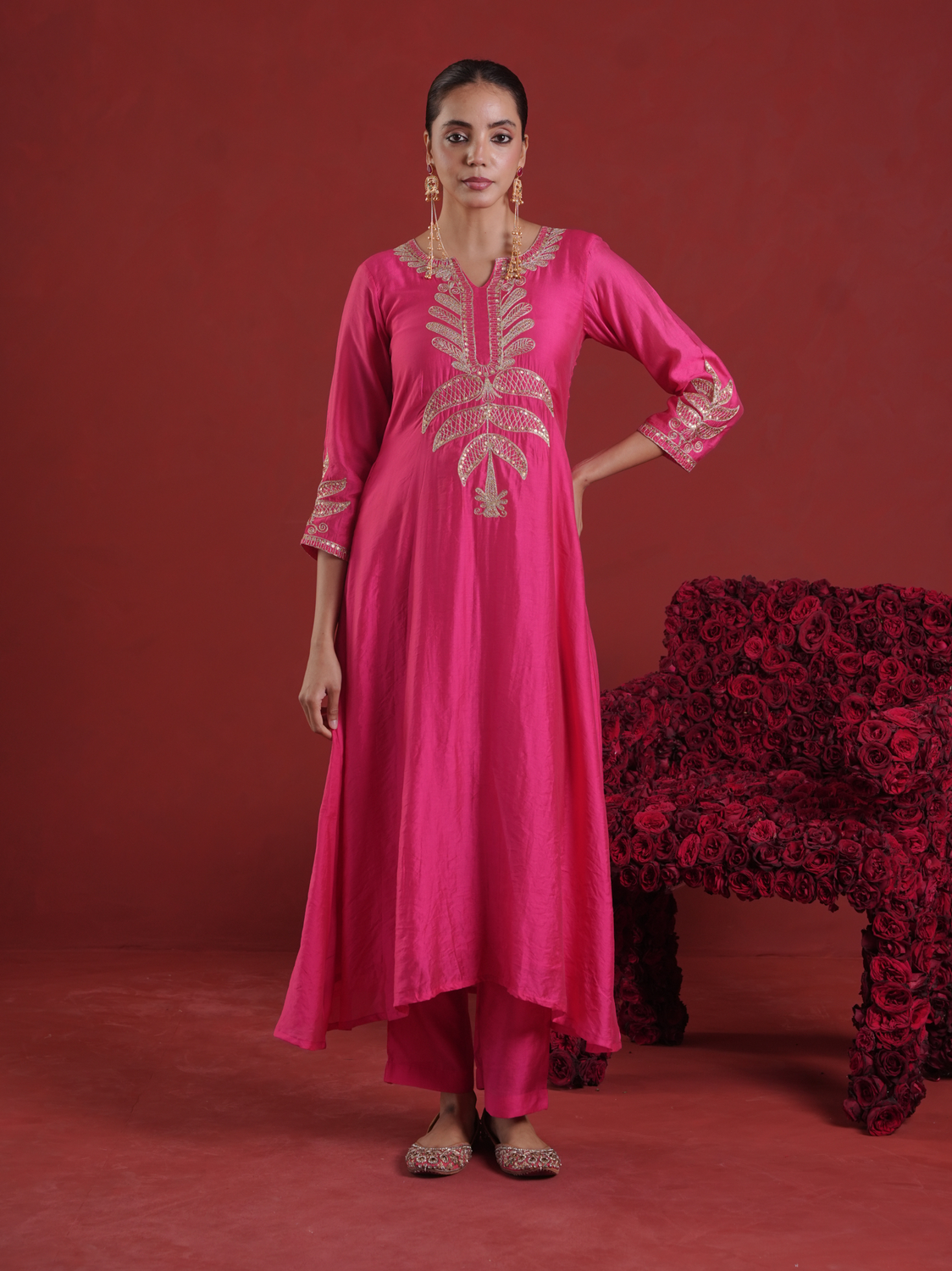 Fuchsia Pink Chanderi Sequin-Zari Kurta Set with Organza Dupatta