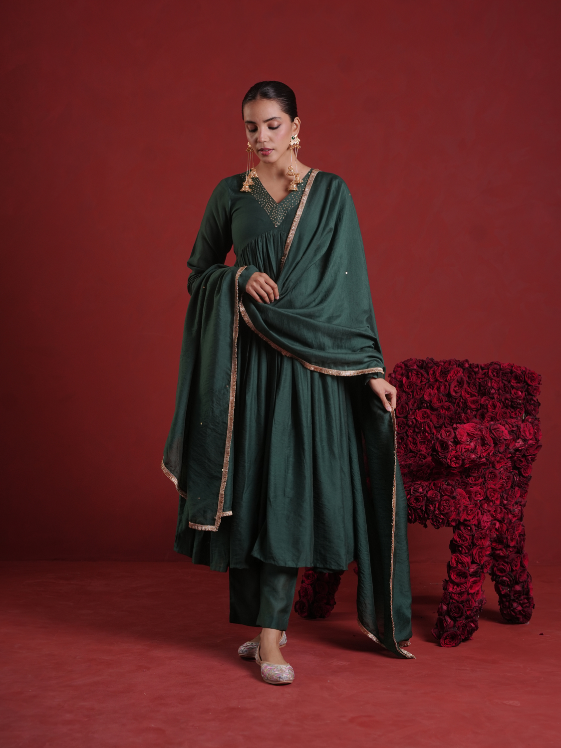 Emerald Green Sequin Embellished Chanderi Kurta Set with Dupatta