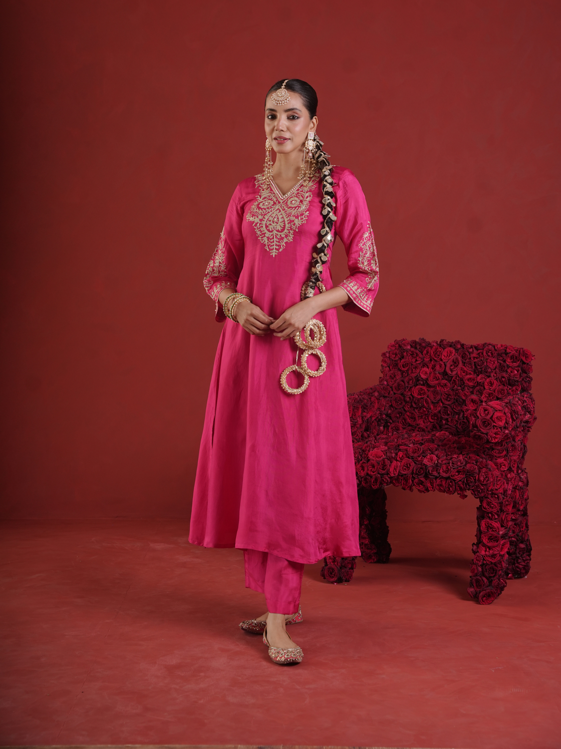 Pink Silk Zari & Sequin Embroidered Kurta Pant Set with Dupatta