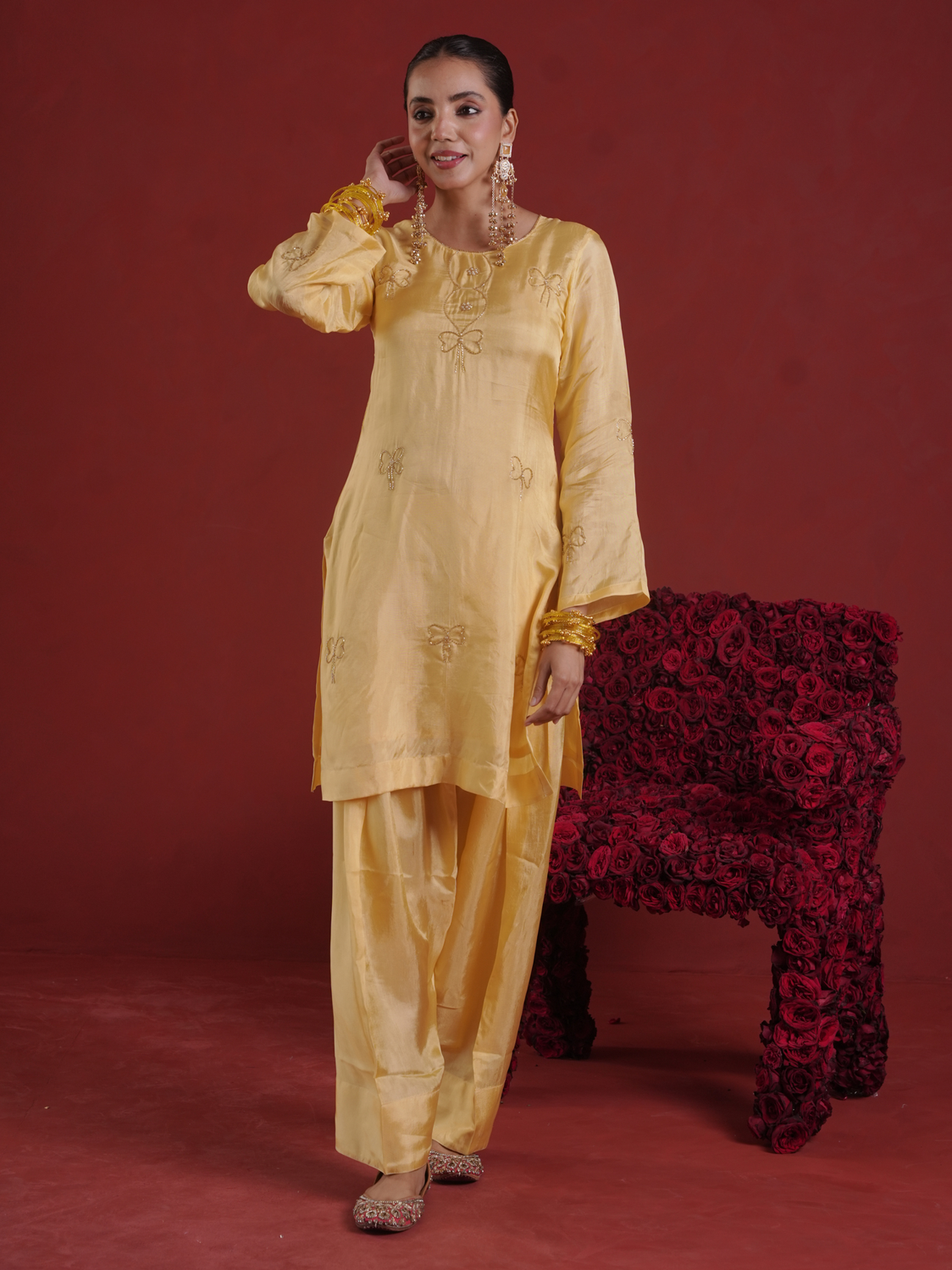 Butter Yellow Silk Kurta with Farsi Salwar & Organza Dupatta