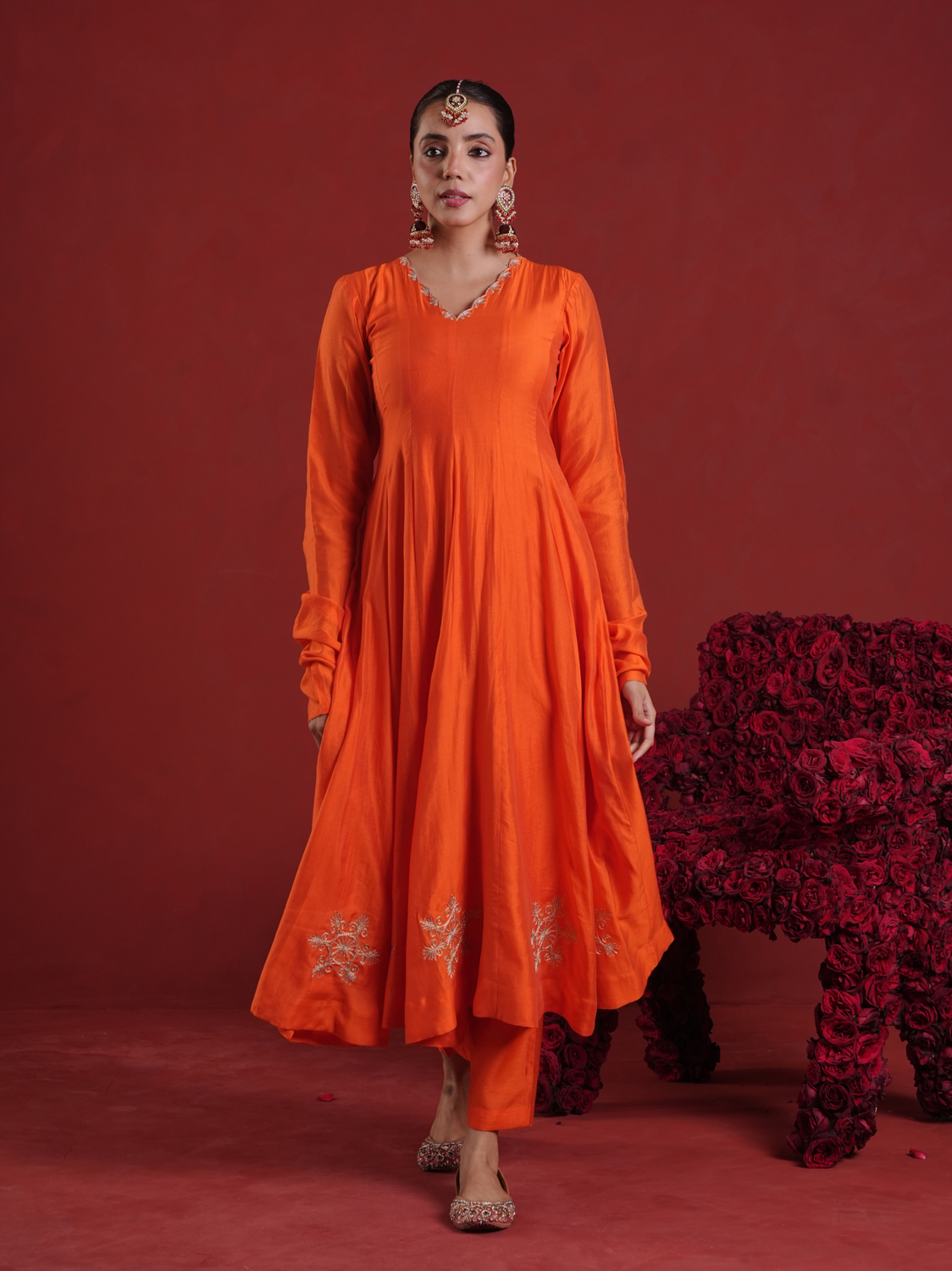 Orange Chanderi Anarkali Kurta Set with Pink Zari Sequin Dupatta
