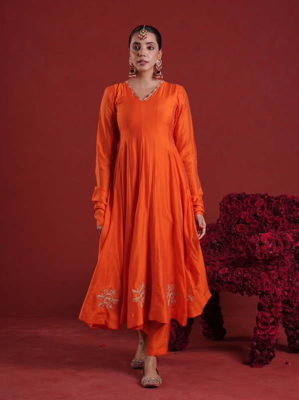 Orange Chanderi Anarkali Kurta Set with Pink Zari Sequin Dupatta