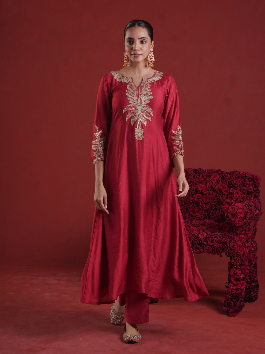 Maroon Chanderi Sequin-Zari Kurta Set with Organza Dupatta