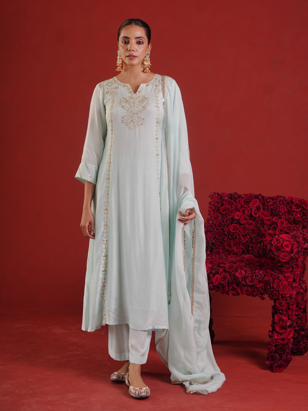 Ivory Mist Silk Zari Hand-Embroidered Kurta Set with Dupatta