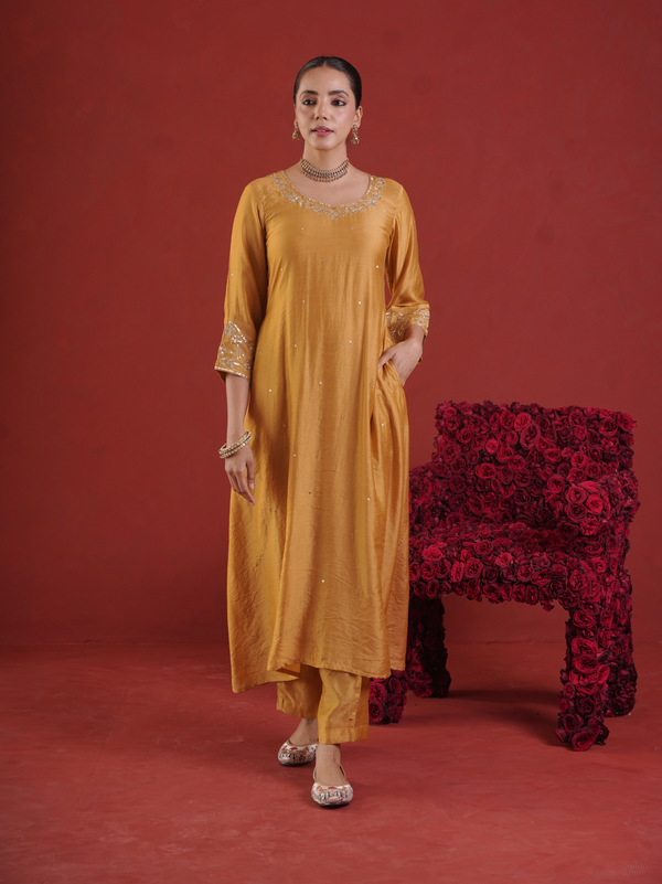 Mustard Chanderi Zari & Sequin Embroidered Kurta Pant Set with Dupatta