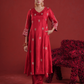 Red Silk Aari & Sequin Embroidered Silk Kurta Set with Organza Dupatta
