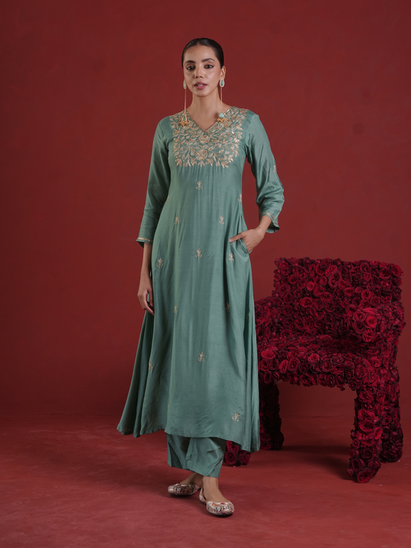 Sage Green Silk Kurta Set with Hand-Embellished Organza Dupatta