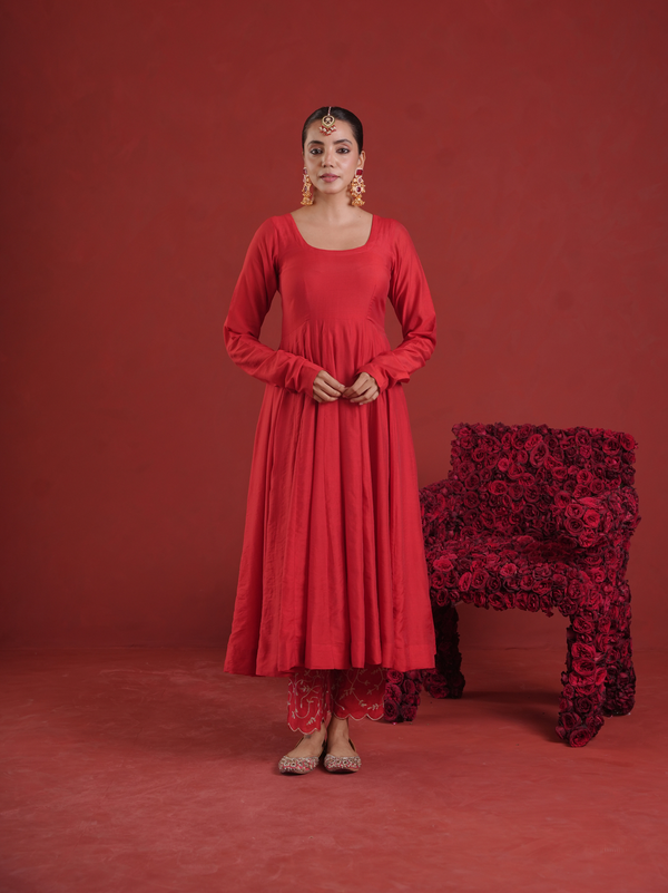 Red Chanderi Anarkali with Embroidered Zari Pants & Organza Dupatta