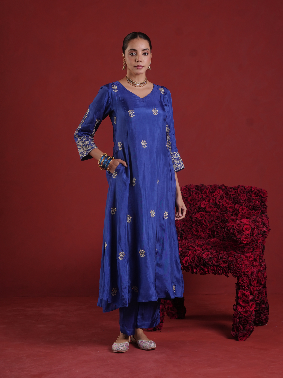 Royal Blue Aari & Sequin Embroidered Silk Kurta Set with Organza Dupatta