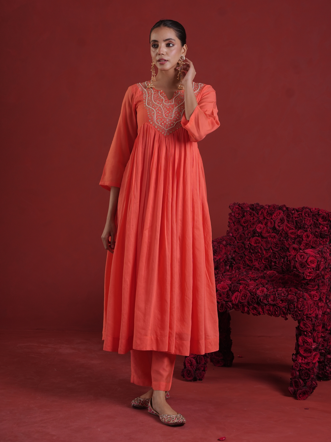 Orange Chanderi Zari Hand-Embroidered Kurta Set with Dupatta