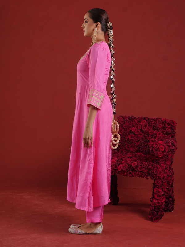 Pink Zari Embroidered Silk Kurta with Dupatta