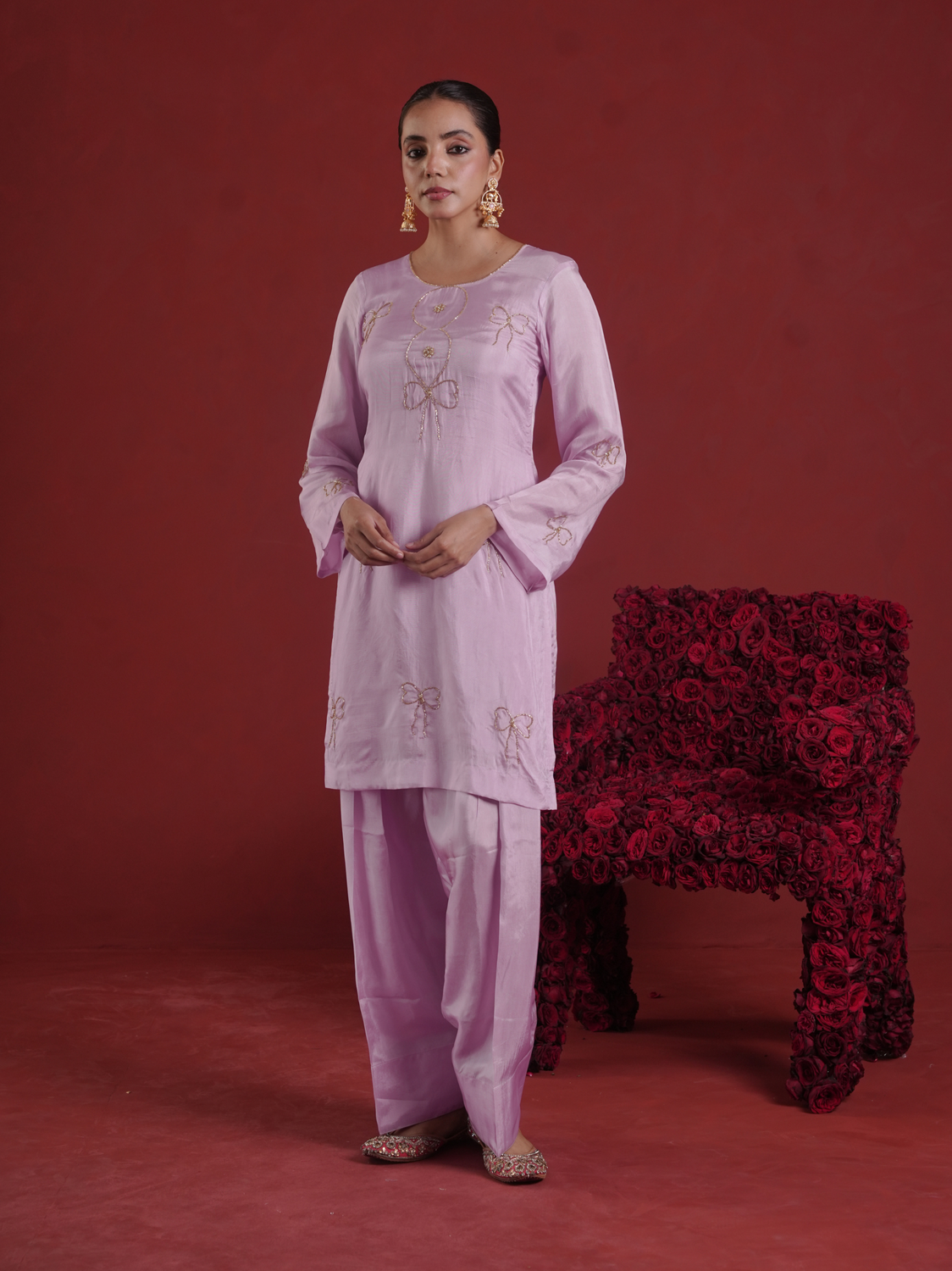 Lavender Silk Kurta With Farsi Salwar & Organza Dupatta
