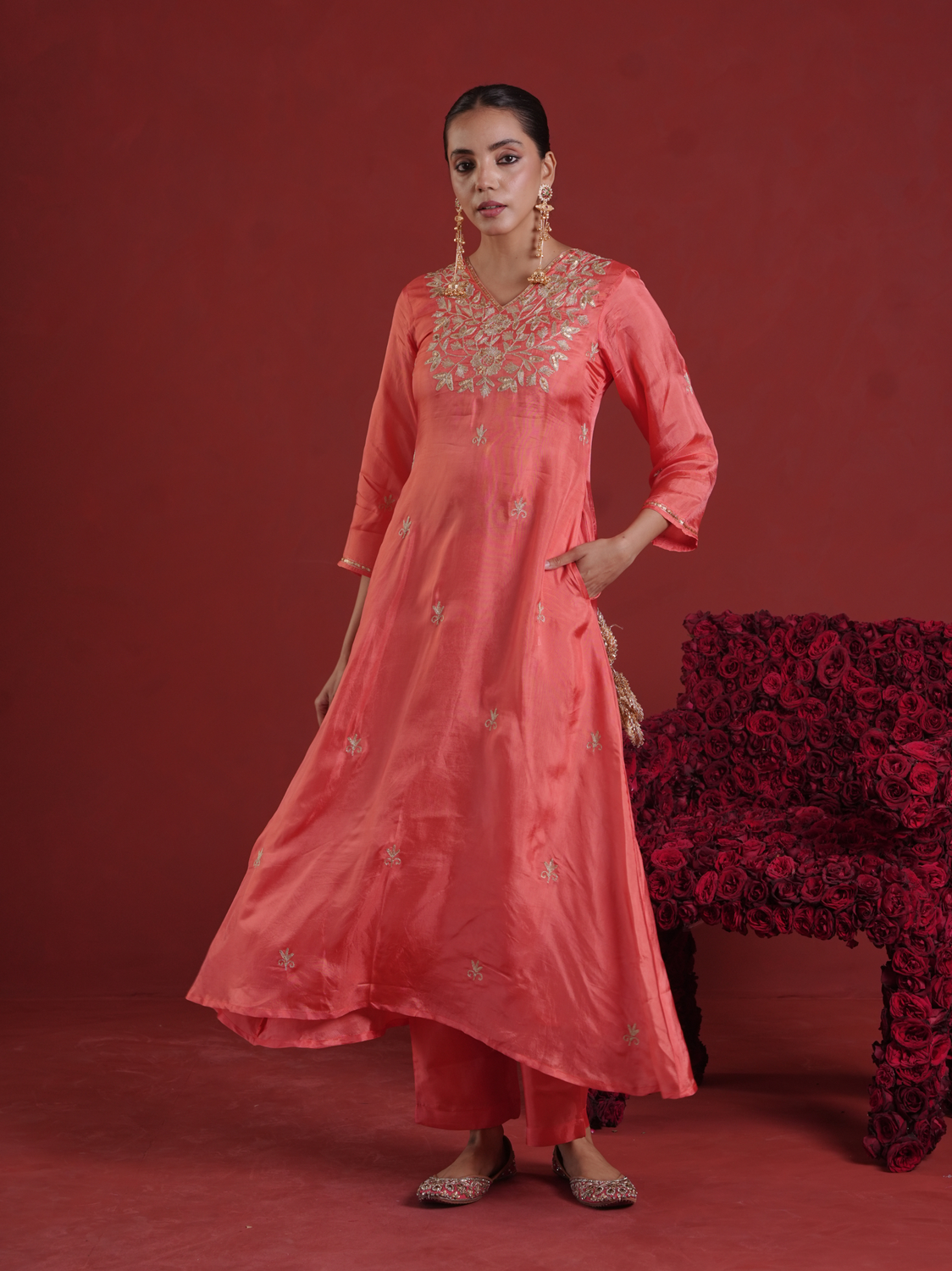 Peach Silk Kurta Set with Hand-Embellished Organza Dupatta