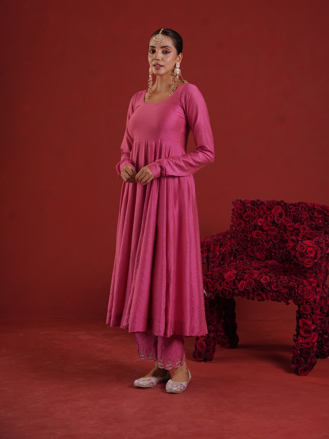 Rose Pink Chanderi Anarkali Set with Zari Jaal Organza Dupatta