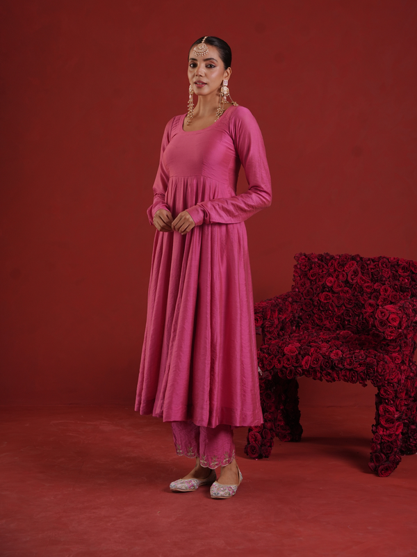 Rose Pink Chanderi Anarkali Set with Zari Jaal Organza Dupatta