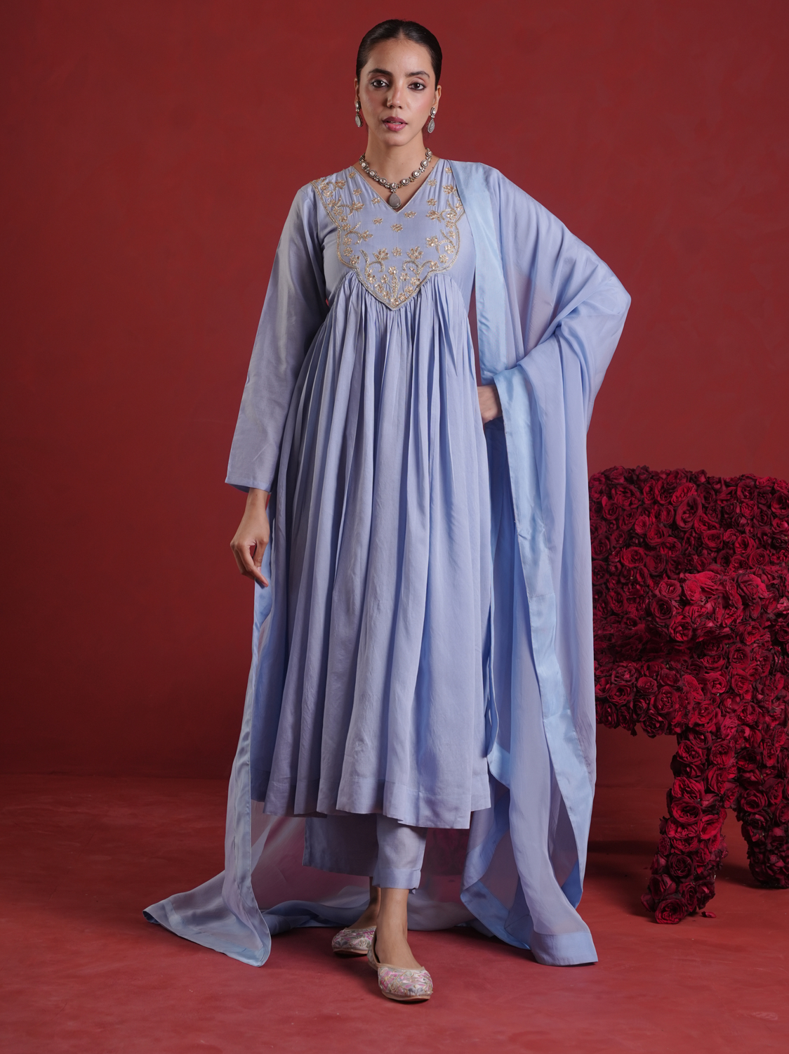 Powder Blue Zari Sequin Chanderi Gathered Kurta Set with Organza Dupatta