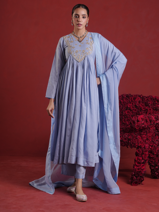 Powder Blue Zari Sequin Chanderi Gathered Kurta Set with Organza Dupatta
