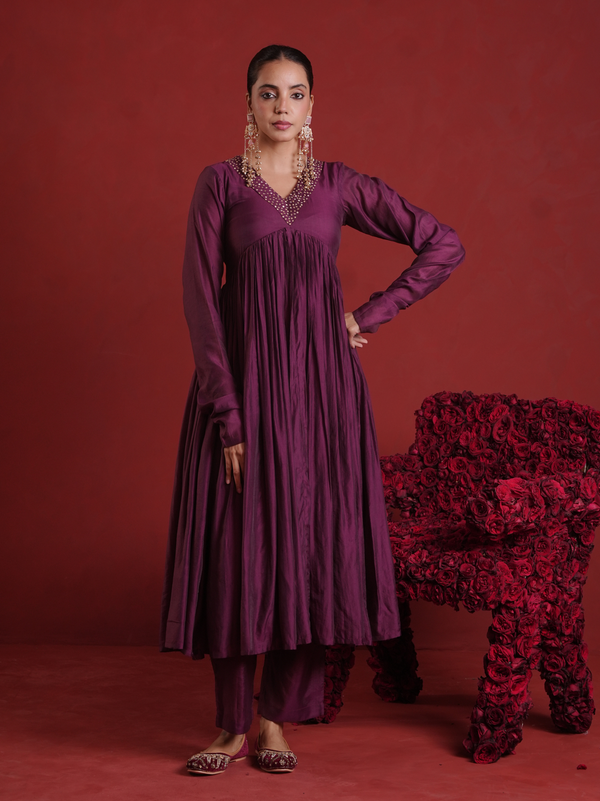 Deep Purple Sequin Embellished Chanderi Kurta Set with Dupatta