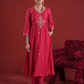 Ruby Red Pearl Embellished Chanderi Kurta Set with Organza Dupatta