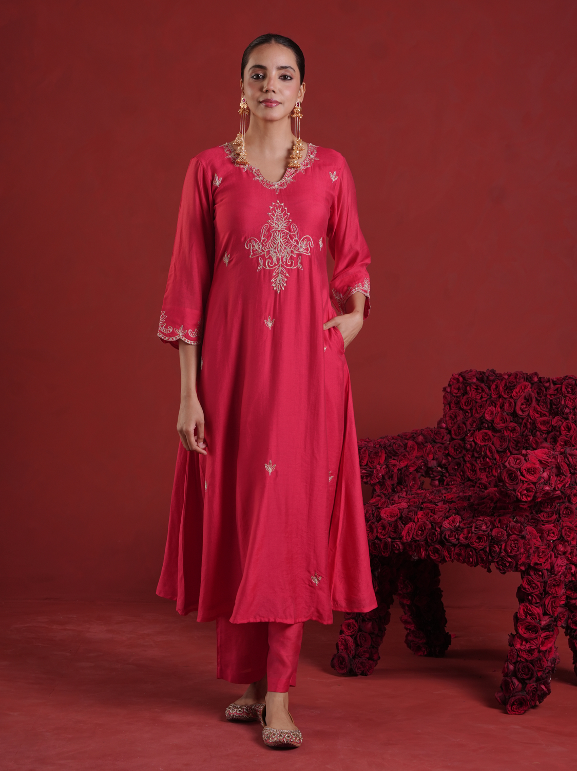Ruby Red Pearl Embellished Chanderi Kurta Set with Organza Dupatta