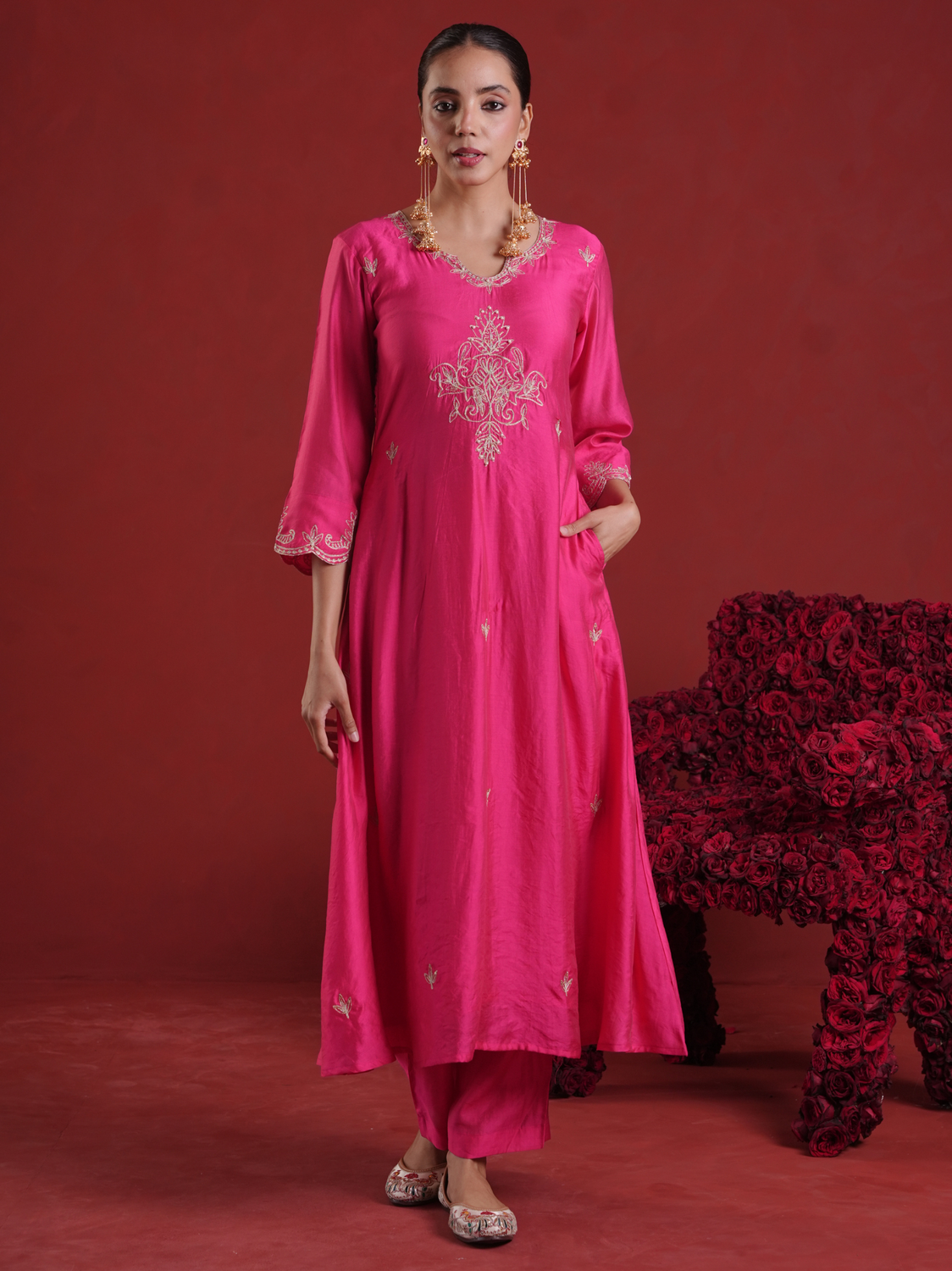Fuchsia Pink Embellished Chanderi Kurta Set with Organza Dupatta
