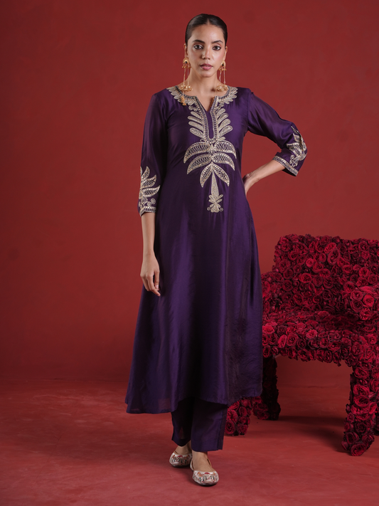 Purple Chanderi Sequin-Zari Kurta Set with Organza Dupatta