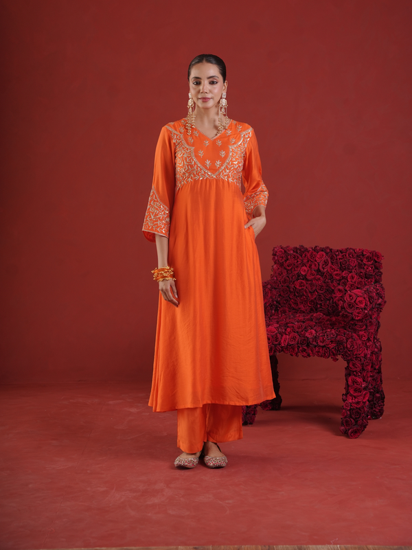 Orange Chanderi Zari & Sequin Embroidered Kurta Pant Set with Organza Dupatta