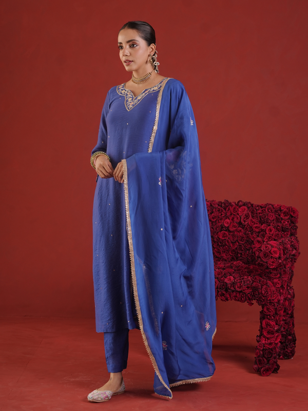 Royal Blue Chanderi Embroidered Kurta Pant Set with Organza Dupatta