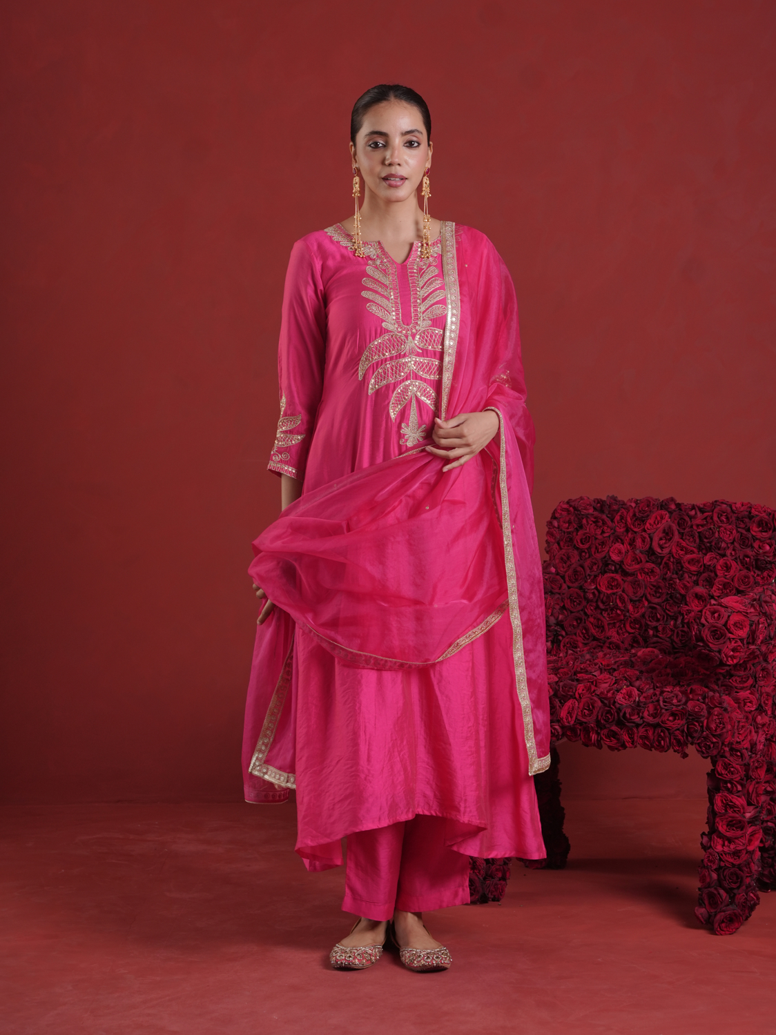 Fuchsia Pink Chanderi Sequin-Zari Kurta Set with Organza Dupatta
