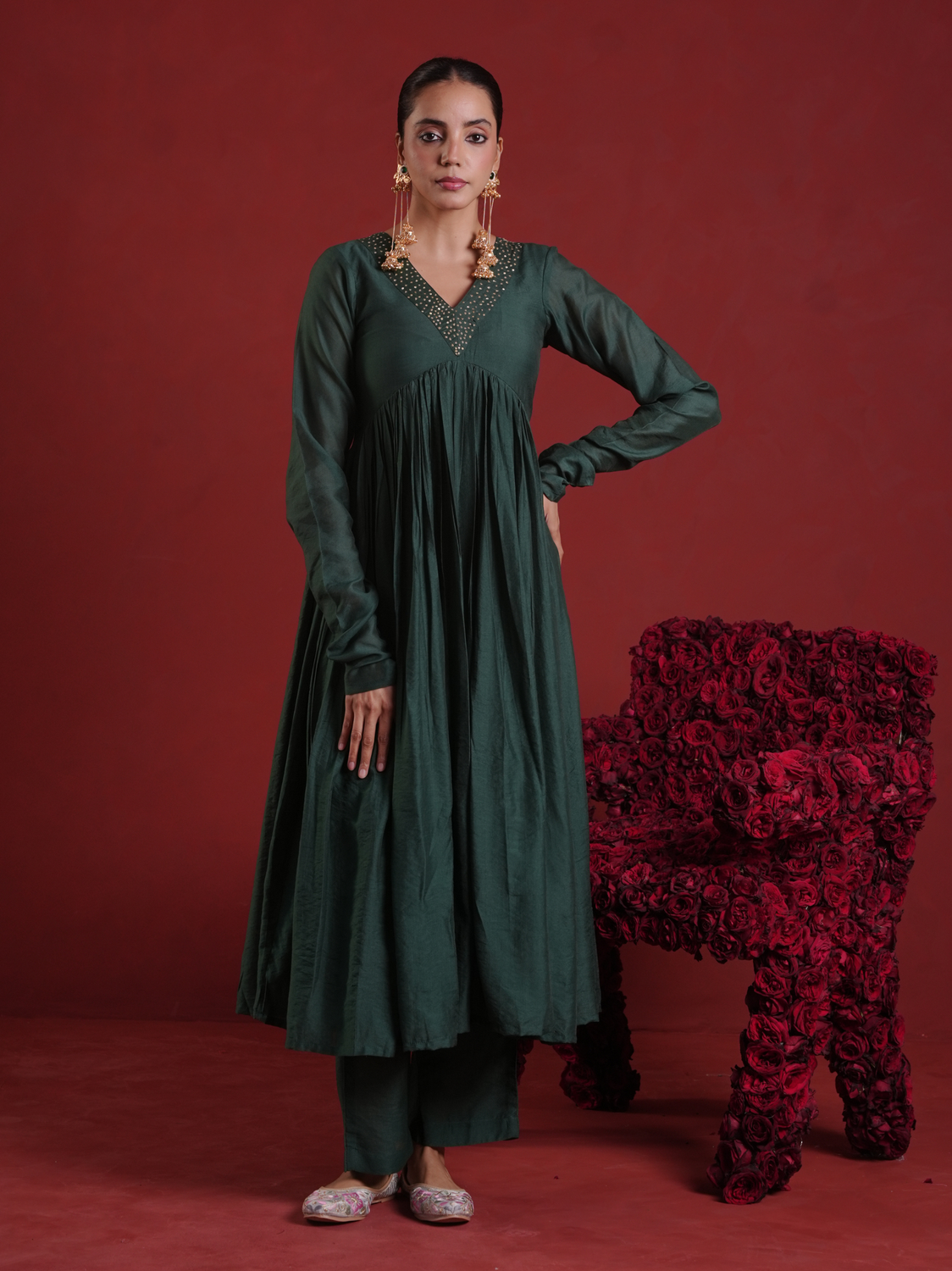 Emerald Green Sequin Embellished Chanderi Kurta Set with Dupatta