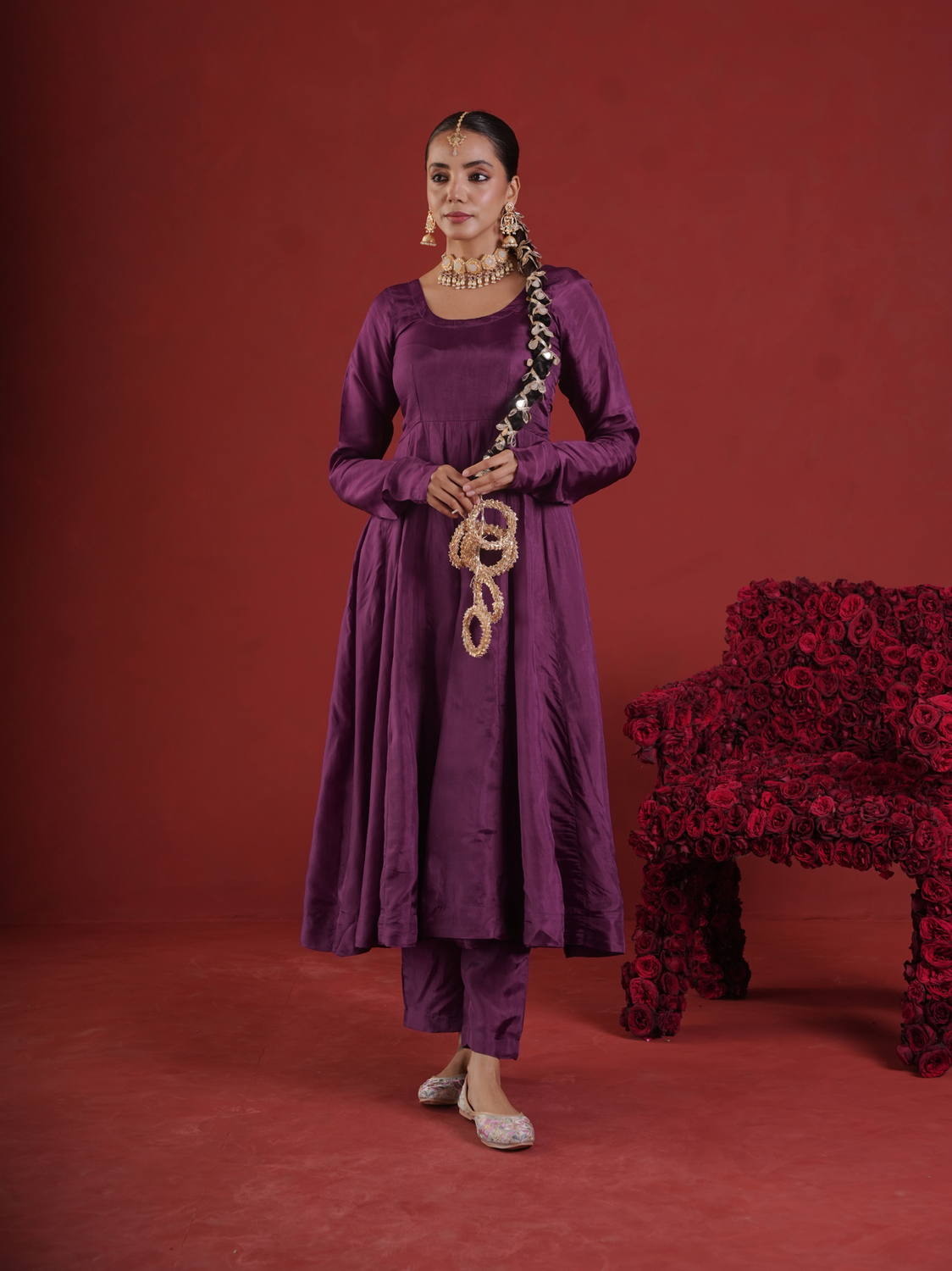 Royal Plum Silk Zari & Sequin Embroidered Anarkali with Zari Jaal Organza Dupatta