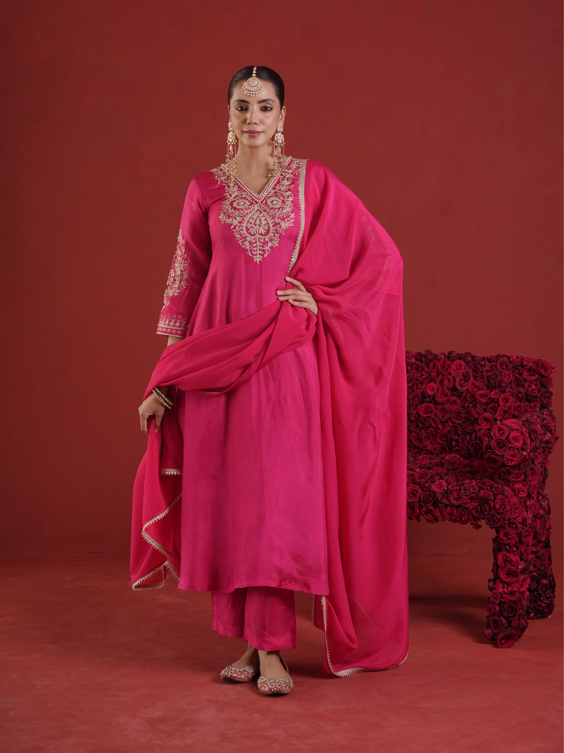 Pink Silk Zari & Sequin Embroidered Kurta Pant Set with Dupatta