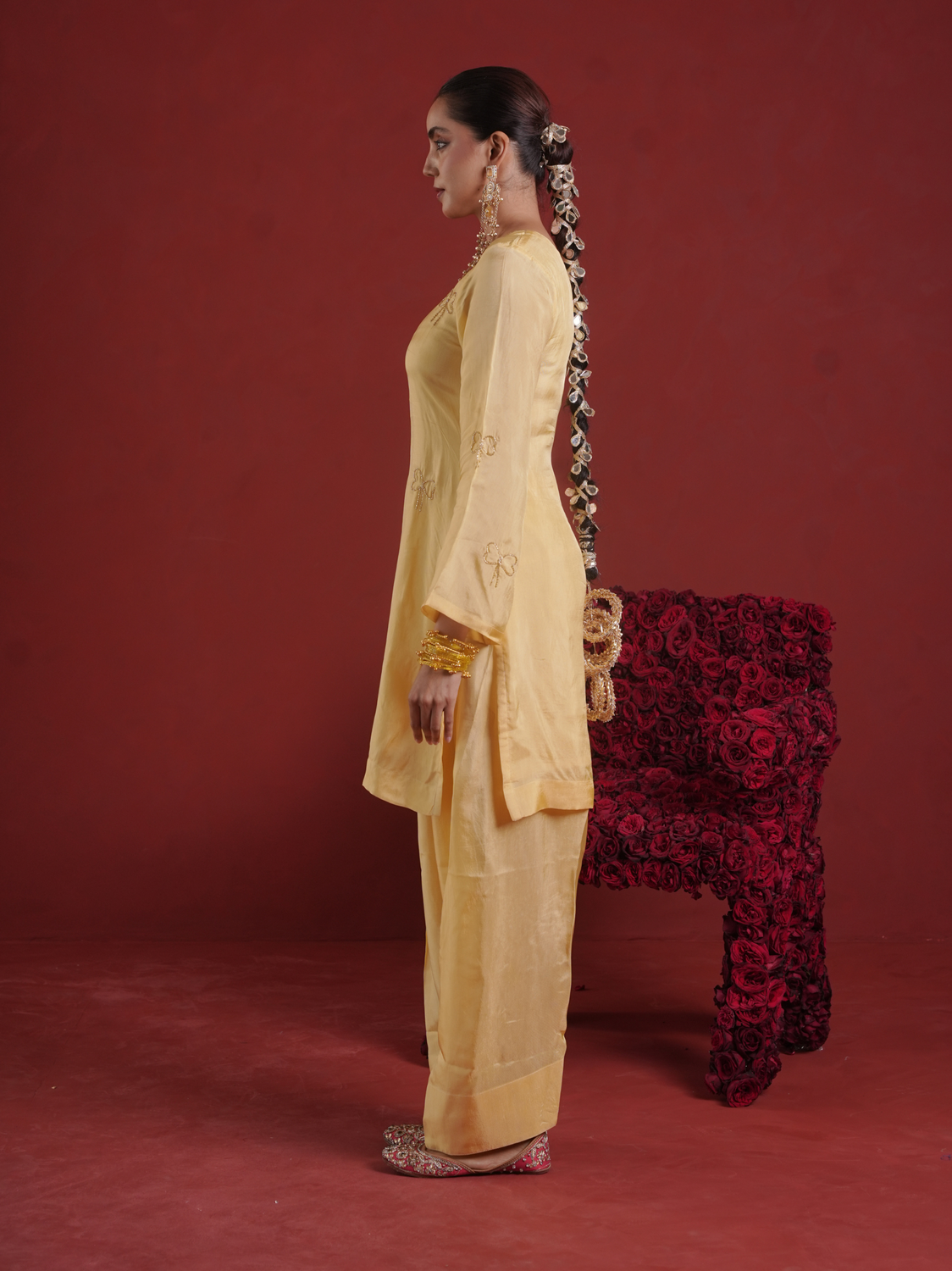 Butter Yellow Silk Kurta with Farsi Salwar & Organza Dupatta