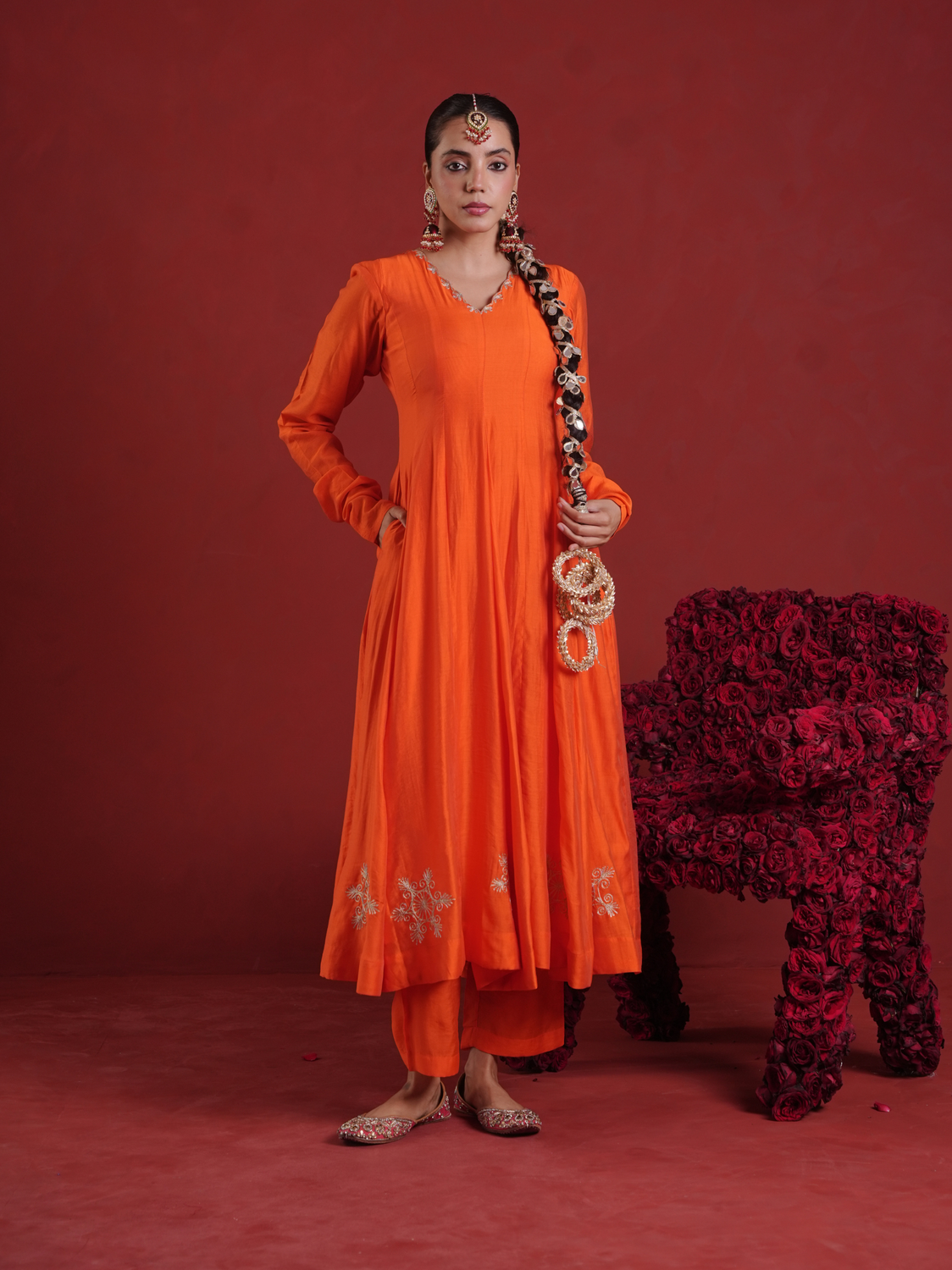 Orange Chanderi Anarkali Kurta Set with Pink Zari Sequin Dupatta