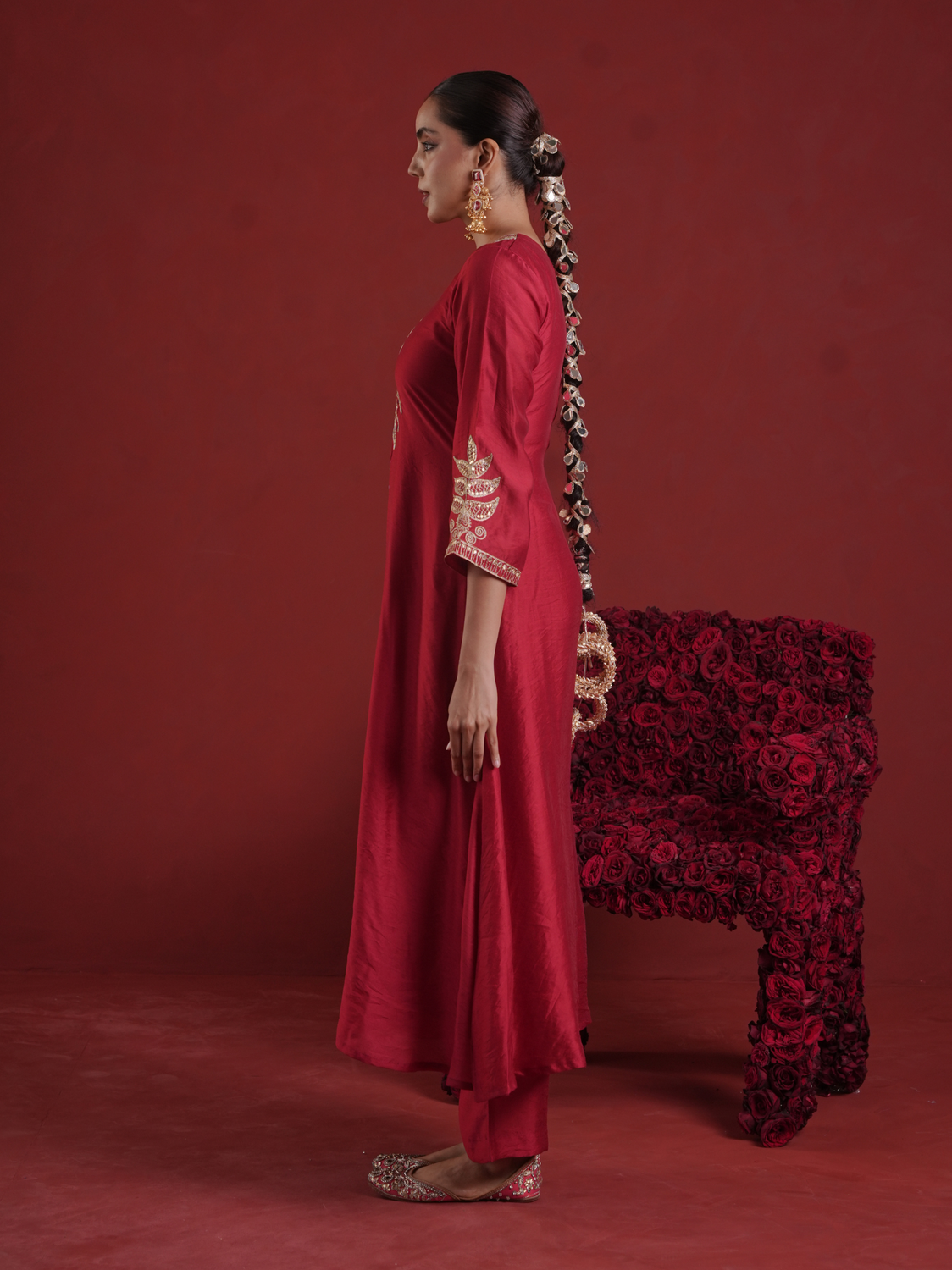 Maroon Chanderi Sequin-Zari Kurta Set with Organza Dupatta