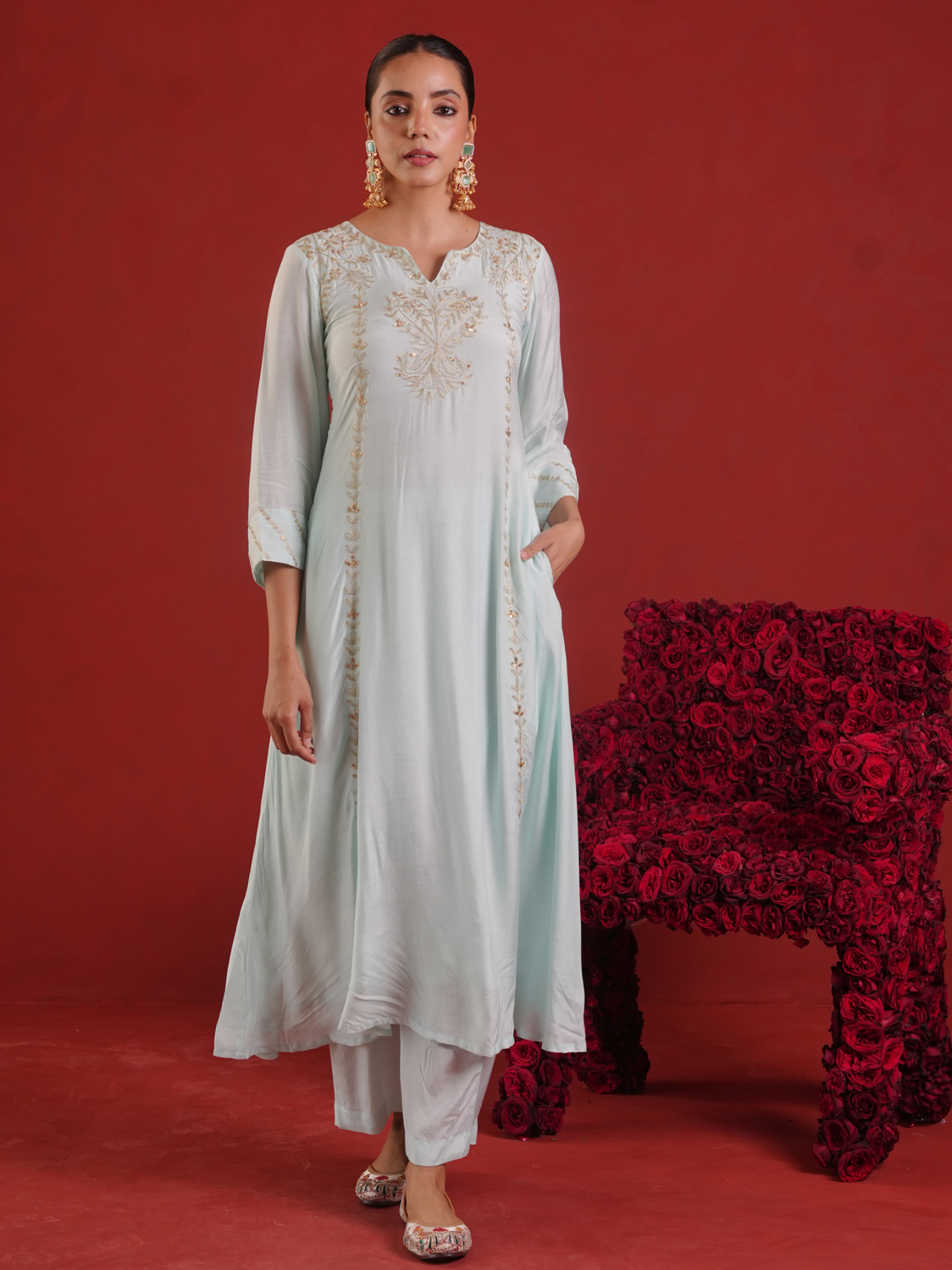 Ivory Mist Silk Zari Hand-Embroidered Kurta Set with Dupatta