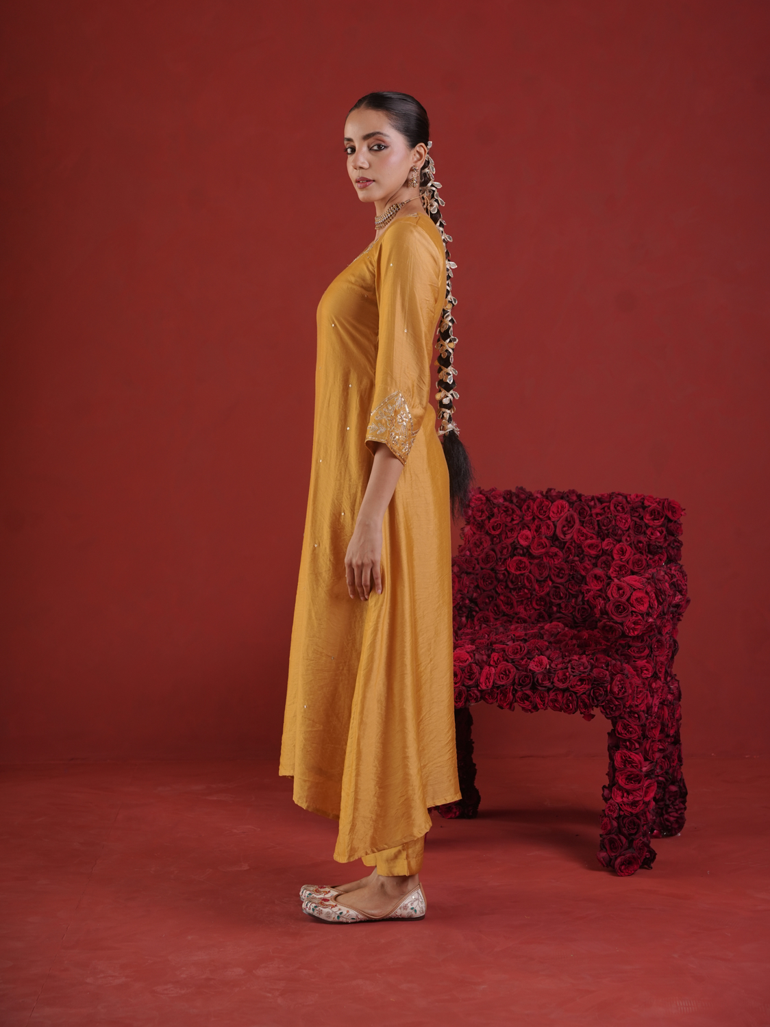 Mustard Chanderi Zari & Sequin Embroidered Kurta Pant Set with Dupatta