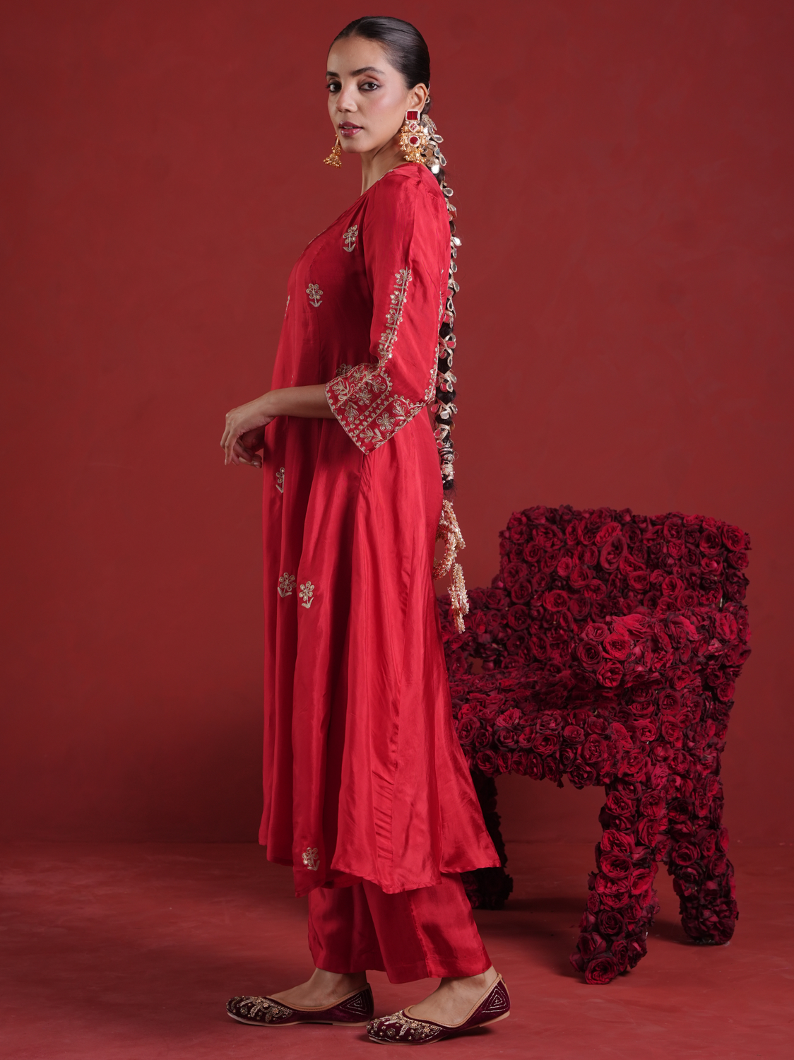Red Silk Aari & Sequin Embroidered Silk Kurta Set with Organza Dupatta