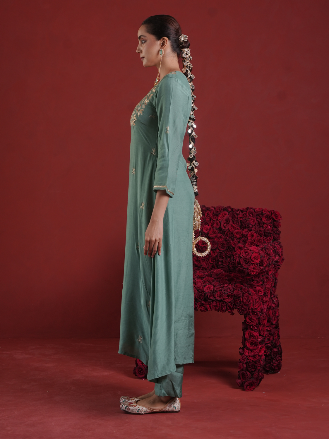 Sage Green Silk Kurta Set with Hand-Embellished Organza Dupatta
