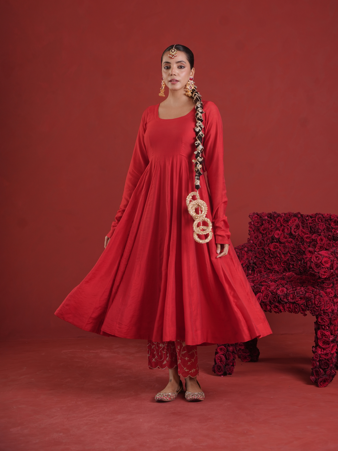 Red Chanderi Anarkali with Embroidered Zari Pants & Organza Dupatta