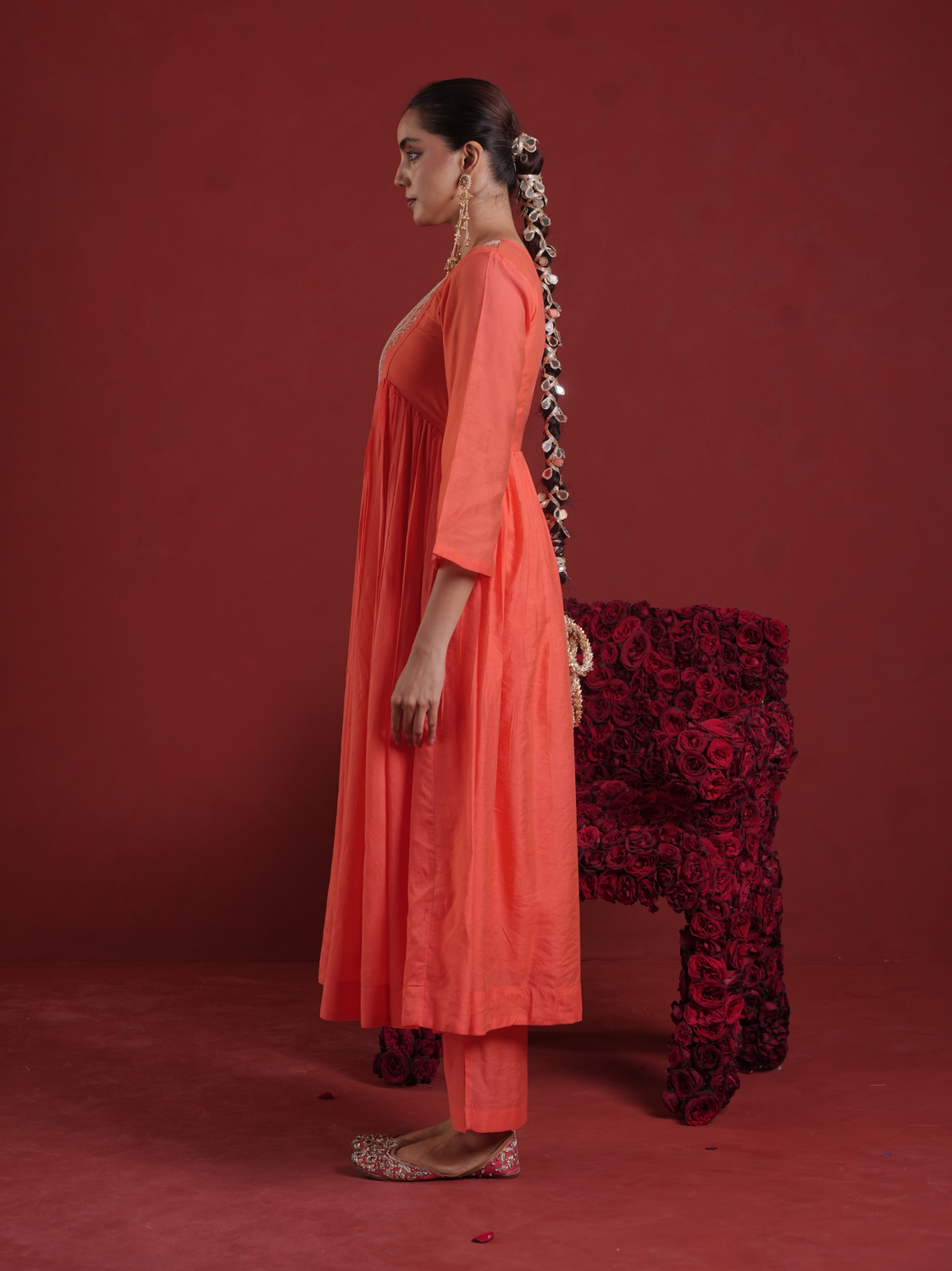 Orange Chanderi Zari Hand-Embroidered Kurta Set with Dupatta