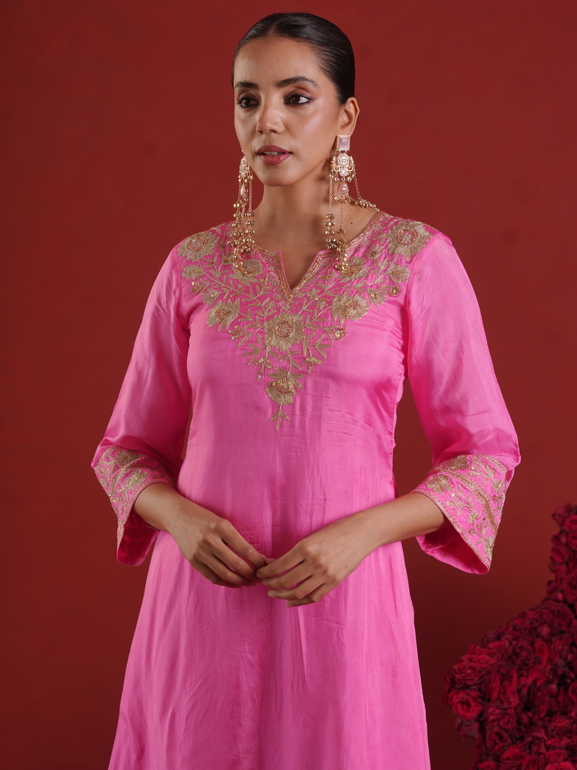 Pink Zari Embroidered Silk Kurta with Dupatta