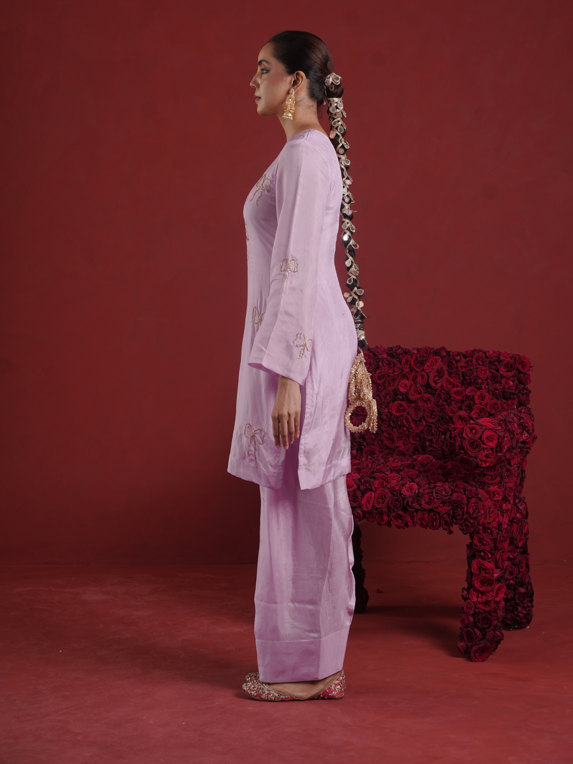 Lavender Silk Kurta With Farsi Salwar & Organza Dupatta