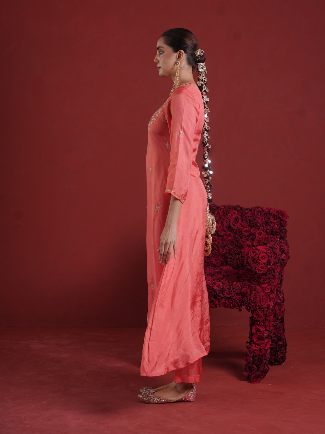 Peach Silk Kurta Set with Hand-Embellished Organza Dupatta