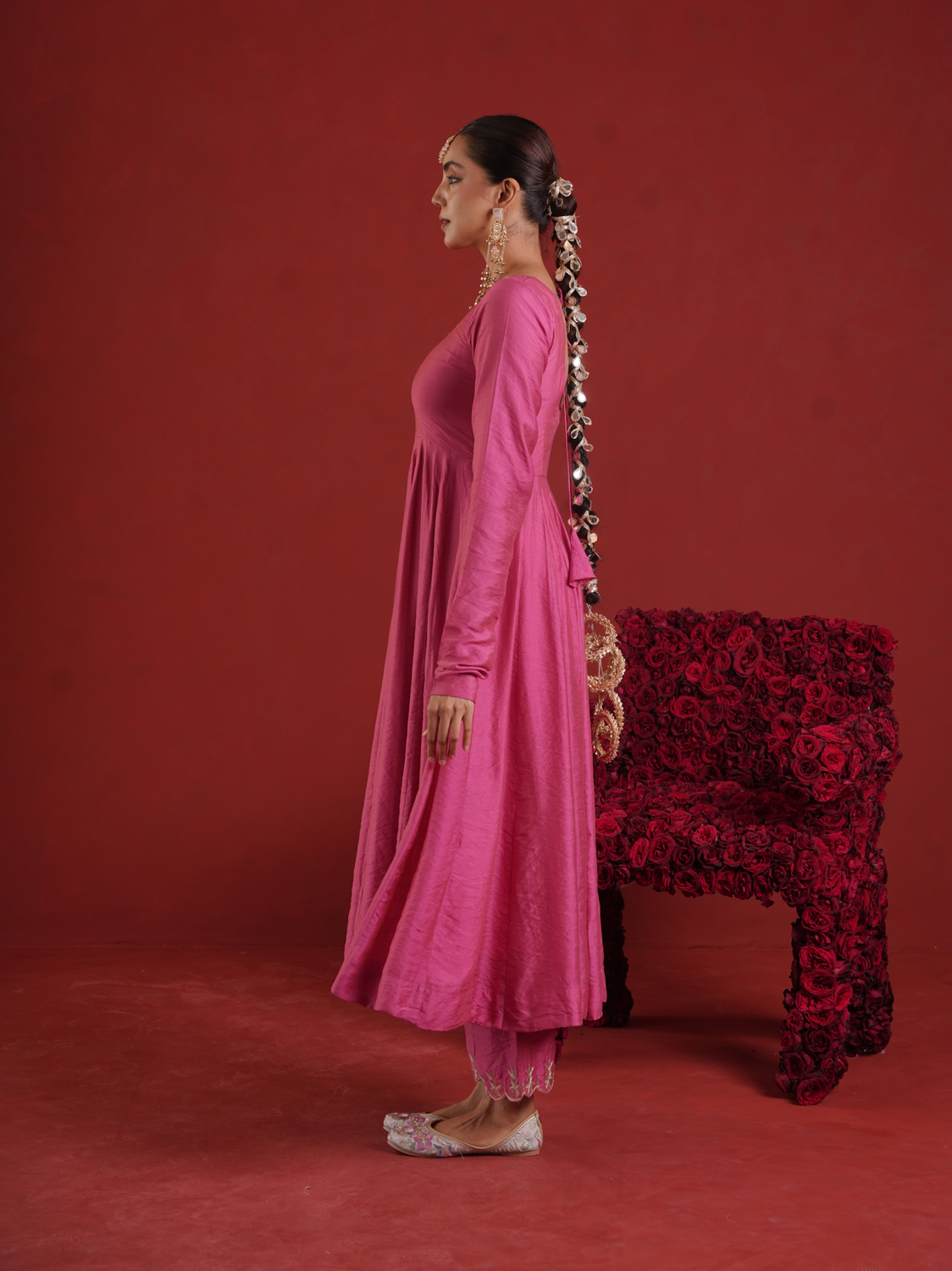 Rose Pink Chanderi Anarkali Set with Zari Jaal Organza Dupatta