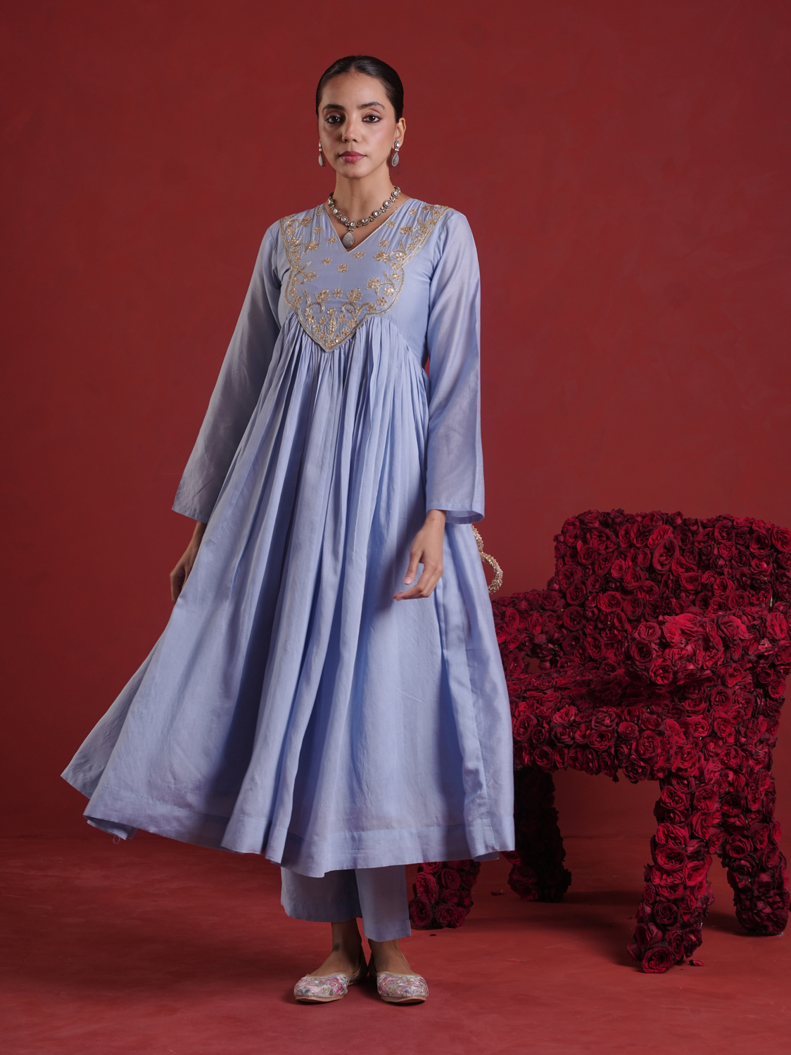 Powder Blue Zari Sequin Chanderi Gathered Kurta Set with Organza Dupatta