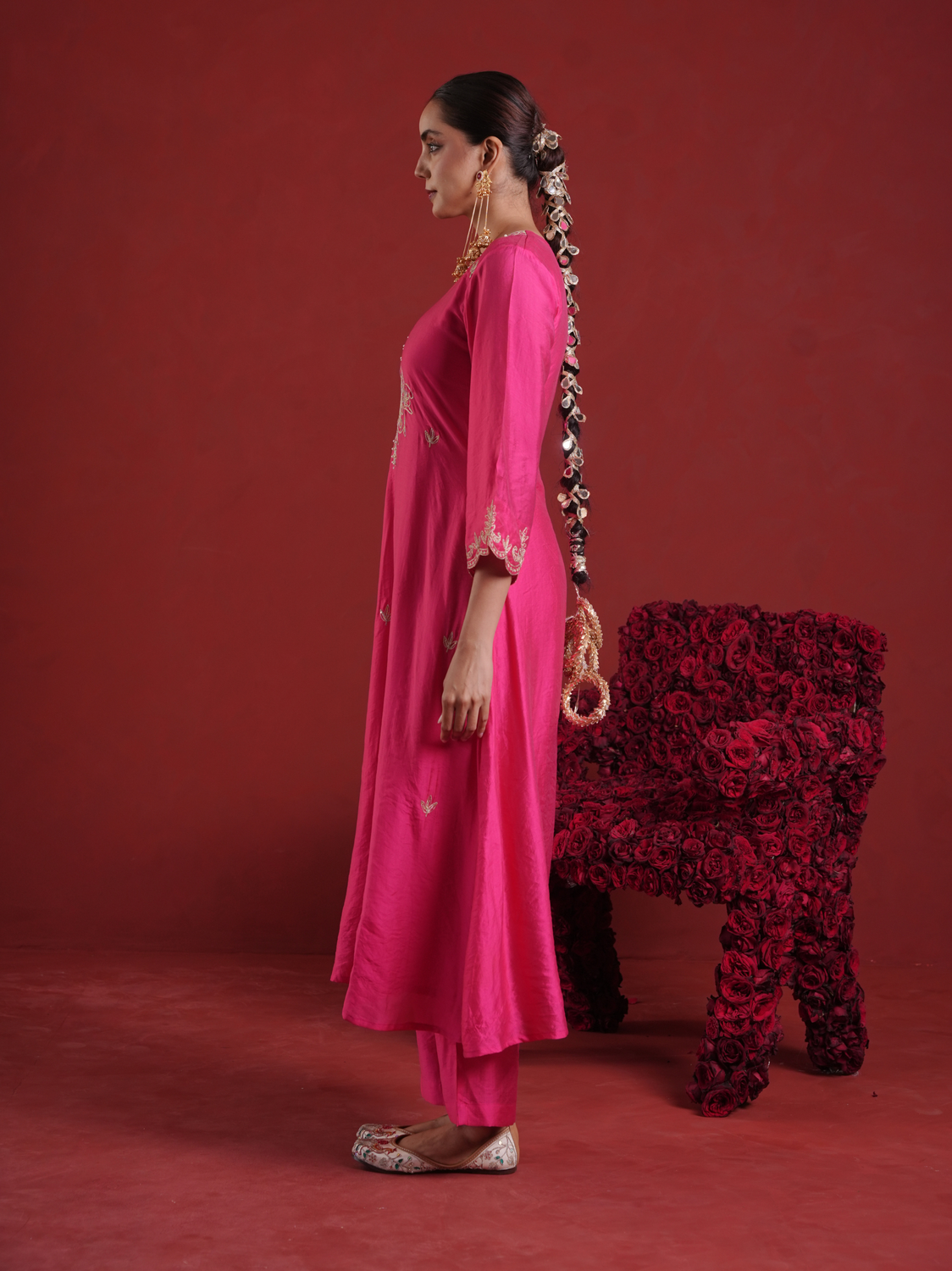 Fuchsia Pink Embellished Chanderi Kurta Set with Organza Dupatta